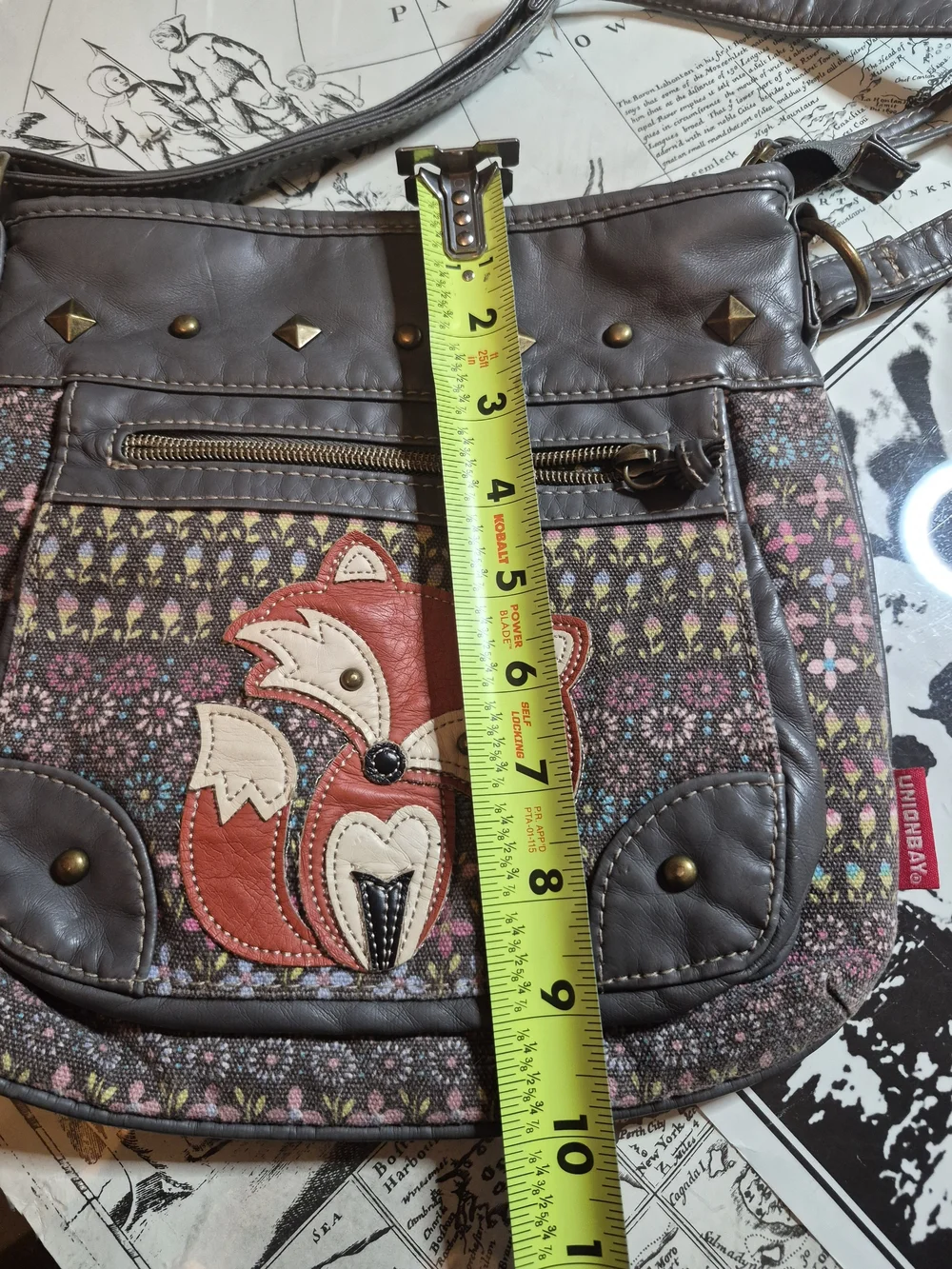 UNIONBAY Gray Crossbody Bag with Red Fox Appliqué and Pink Floral Accents